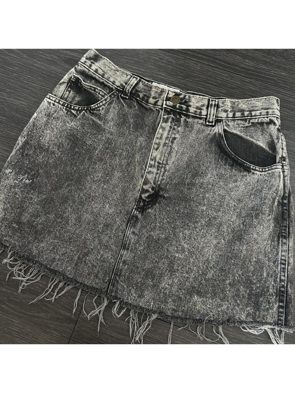 80’s Black denim mini skirt with frayed hem